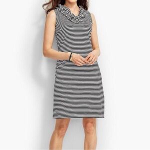 Talbots Black and White Striped Ruffle Neck Mini Dress
